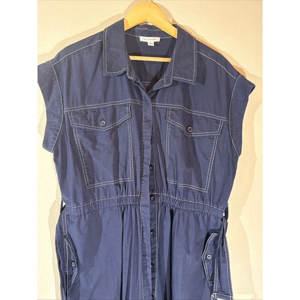 Free Assembly Shirt Dress Womens XL Navy Utility Midi Belted Cotton Lagenlook - Picture 3 of 8
